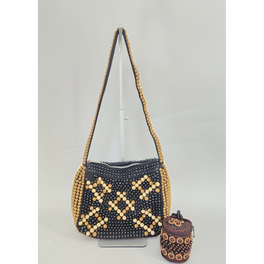 Handmade Beaded Shoulder Bag Coin Purse 2pc Set Black Tan Crystal Ethnic Boho